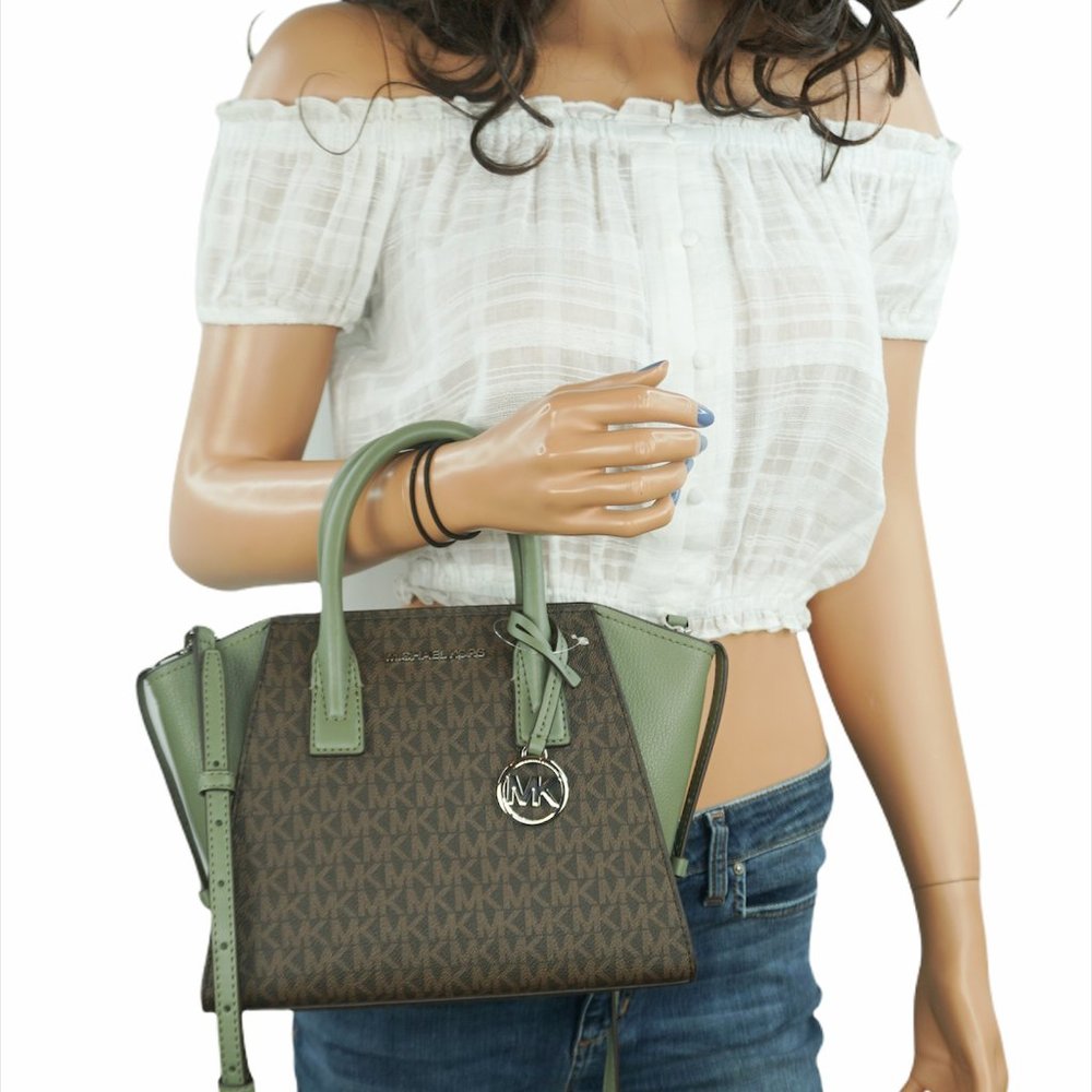 Michael Kors Avril Small Top Zip Satchel Shoulder Bag MK Brown Green